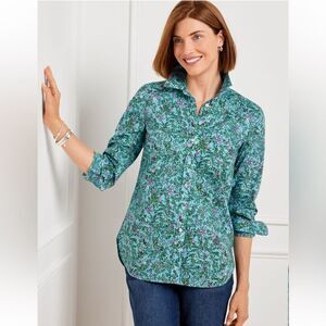 TALBOTS L Blue Green Pink Leafy Floral Long Sleeve Modern Classic Cotton Shirt